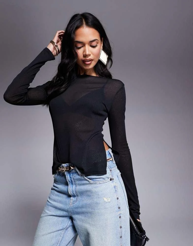 ASOS ASOS DESIGN longline long sleeve mesh top with side splits in black 1