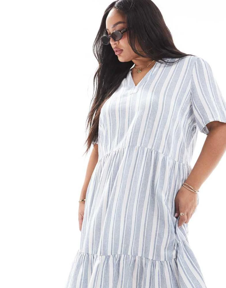 ONLY Curve ONLY Curve linen mix v-neck mini dress in light blue stripes -  Dresses & Skirts - BeyondStyle