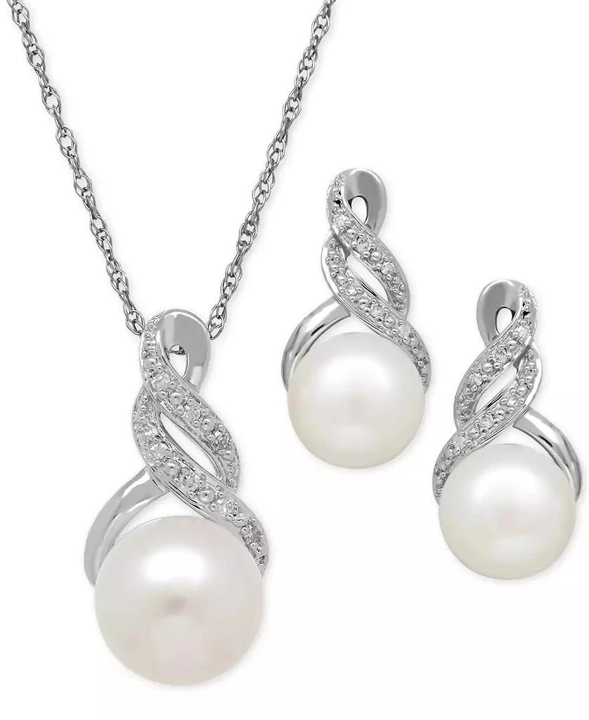 Macy's Cultured Freshwater Pearl (8 & 9mm) and Diamond Accent Pendant Necklace and Earrings Set in Sterling Silver or 14k Gold Over Silver 2