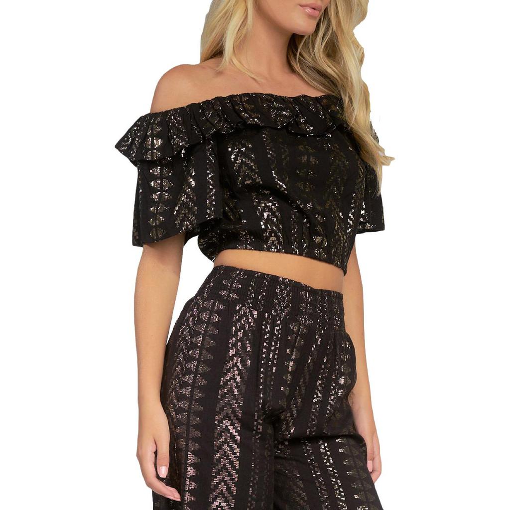 Elan Womens Metallic Ruffled Crop Top