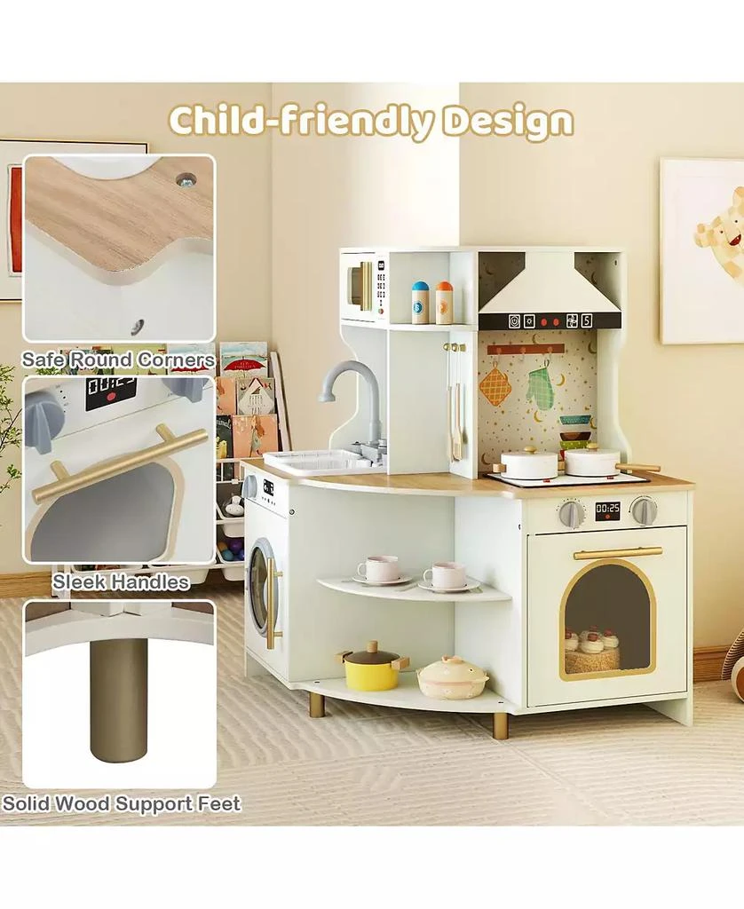 Mecale Kids Play Kitchen, Wooden Corner Kitchen Playset with Working Faucet 
Sink 9