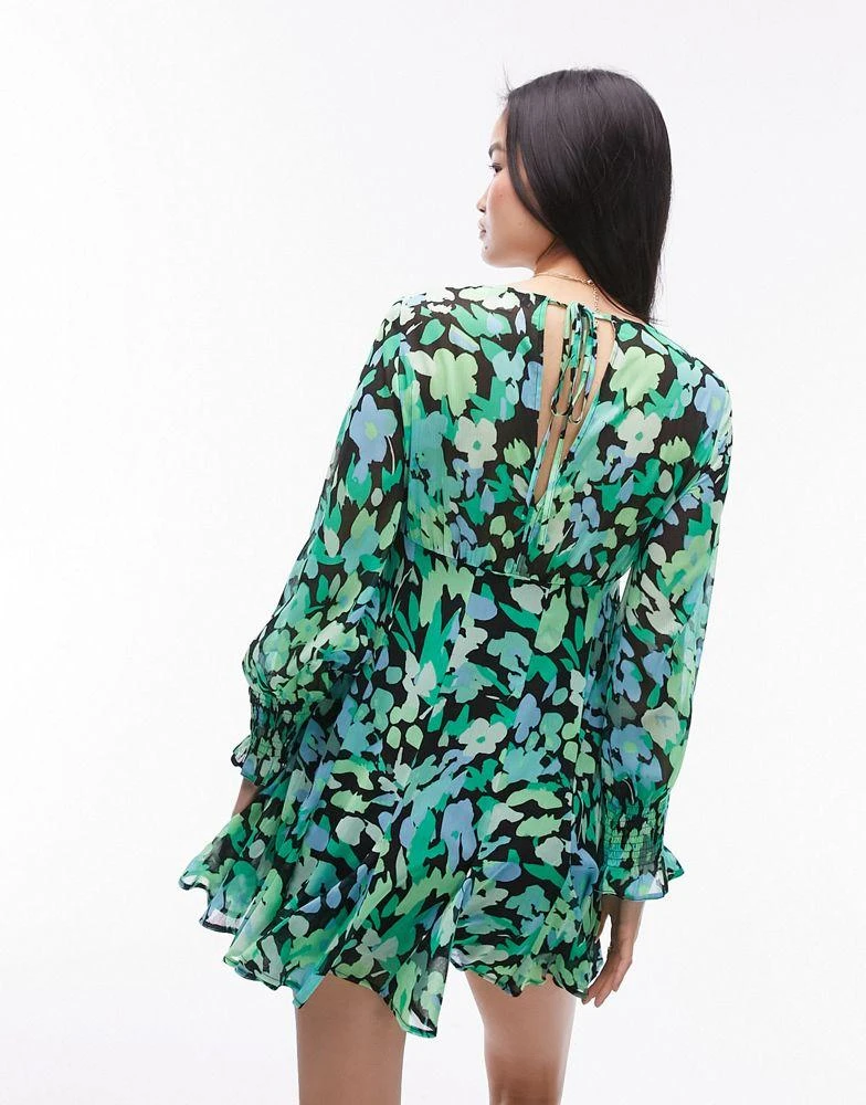 Topshop Topshop long sleeve godet mini tea dress in green floral print 4