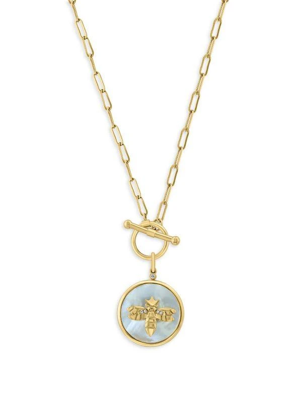14K Yellow Gold, Mother of Pearl Diamond Bee Toggle Necklace