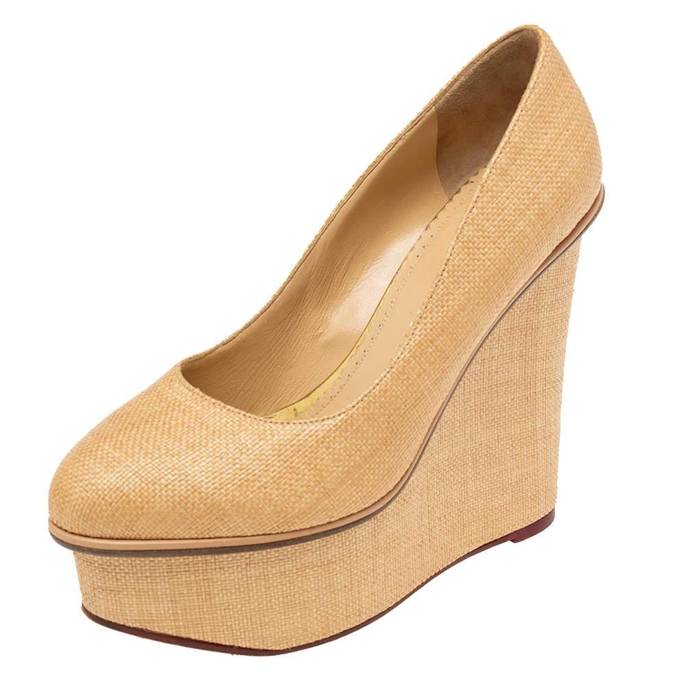 Charlotte Olympia Charlotte Olympia Cream Yellow Raffia Carmen Wedge Platform Pumps Size 37