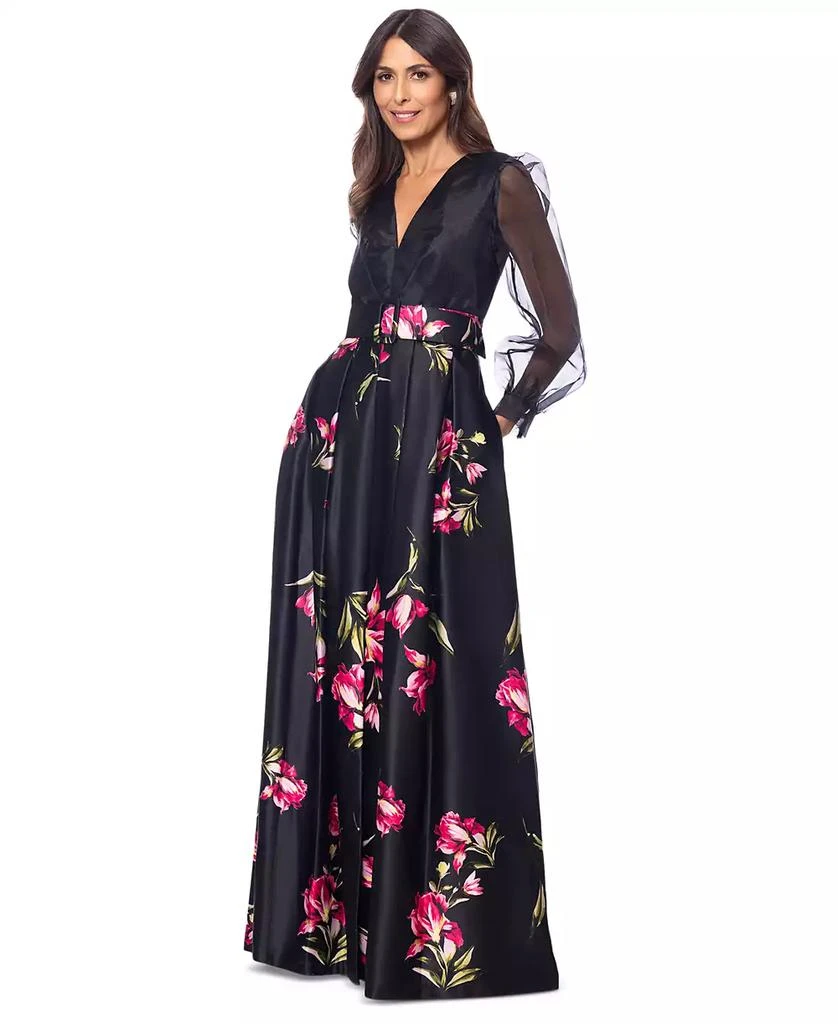 Betsy & Adam Women's Organza-Sleeve Floral Belted Gown 5