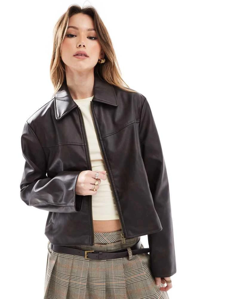 ASOS ASOS DESIGN leather look top collar jacket in washed brown 1