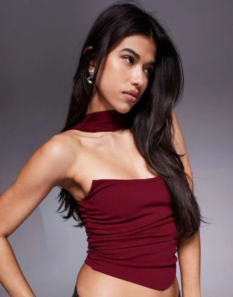 ASOS ASOS DESIGN bandeau top with scarf neck detail in burgundy 4