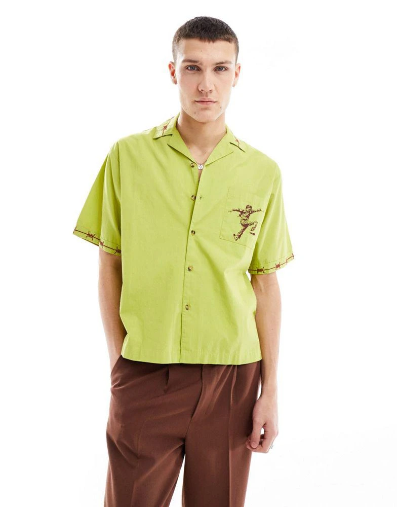 Basic Pleasure Mode Basic Pleasure Mode barbed wire embroidered shirt in green 3