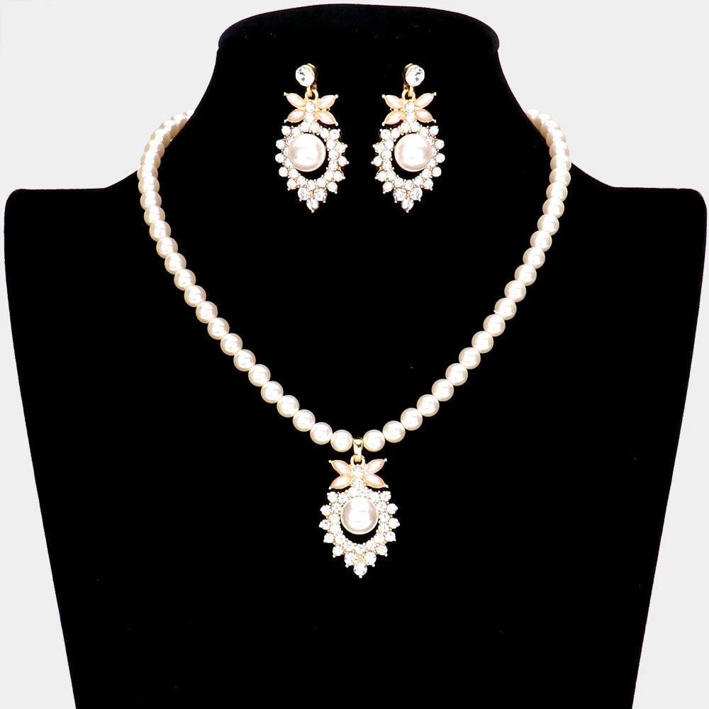 FASHNZFAB Pearl Centered Rhinestone Embellished Metal Pendant Necklace