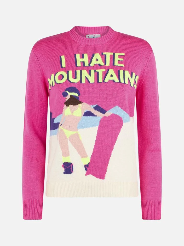 Mc2 Saint Barth Woman Crewneck Fluo Pink Sweater With I Hate Mountains Postcard Print 4