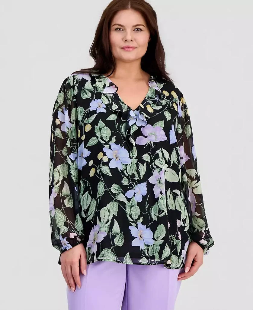 Kasper Plus Size Ruffled V-Neck Chiffon Blouse