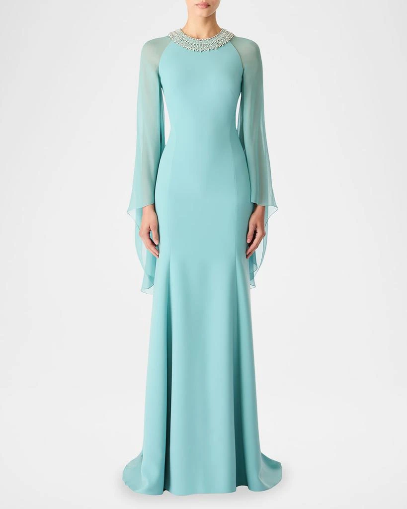 Jenny Packham Charma Crystal-Neck Flare-Sleeve Gown 2