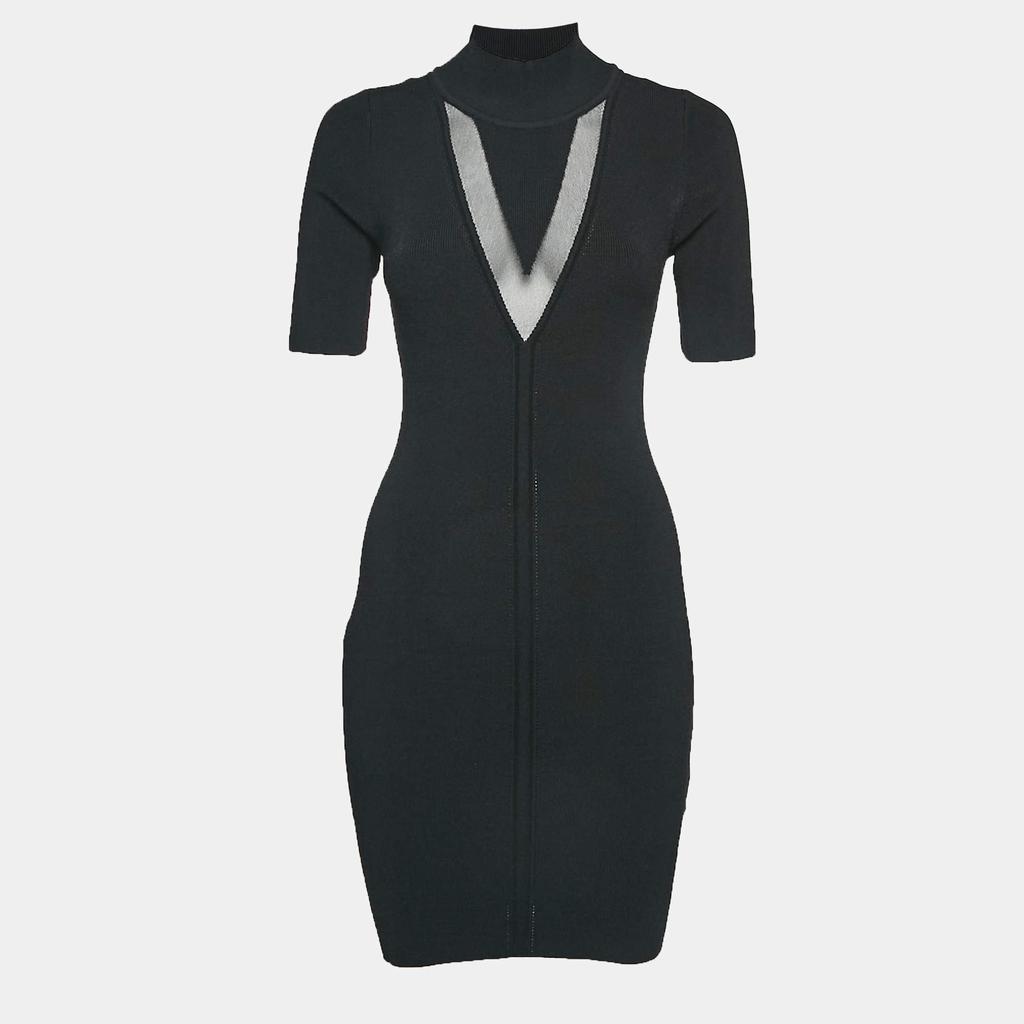 CUSHNIE Cushnie Black Rib Knit High Neck Bodycon Mini Dress M