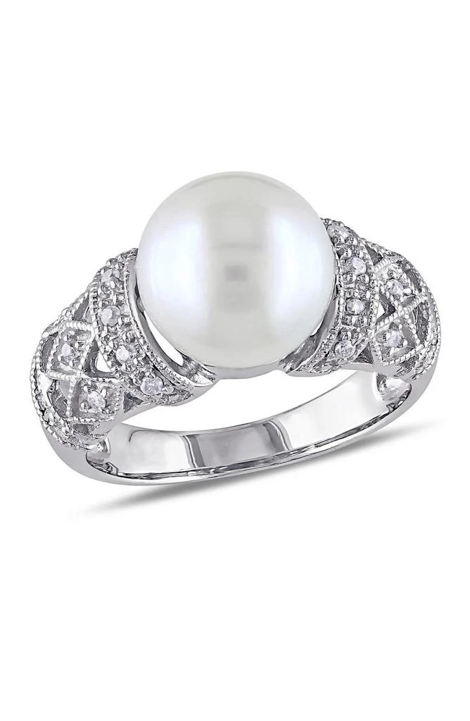 DELMAR Sterling Silver 9–9.5mm White Cultured Freshwater Pearl 
Diamond Ring - 0.08ct.