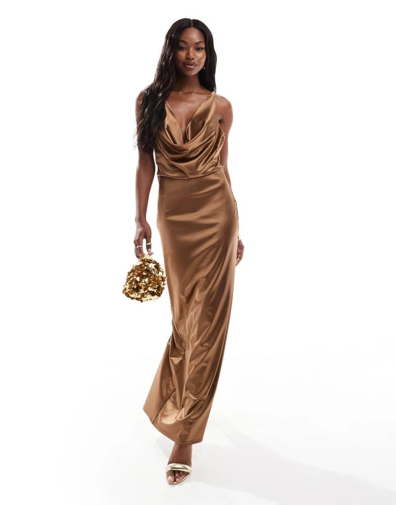 ASOS Design stretch satin cowl neck maxi dress in chocolate brown ASOS Design stretch satin cowl neck maxi dress in chocolate brown