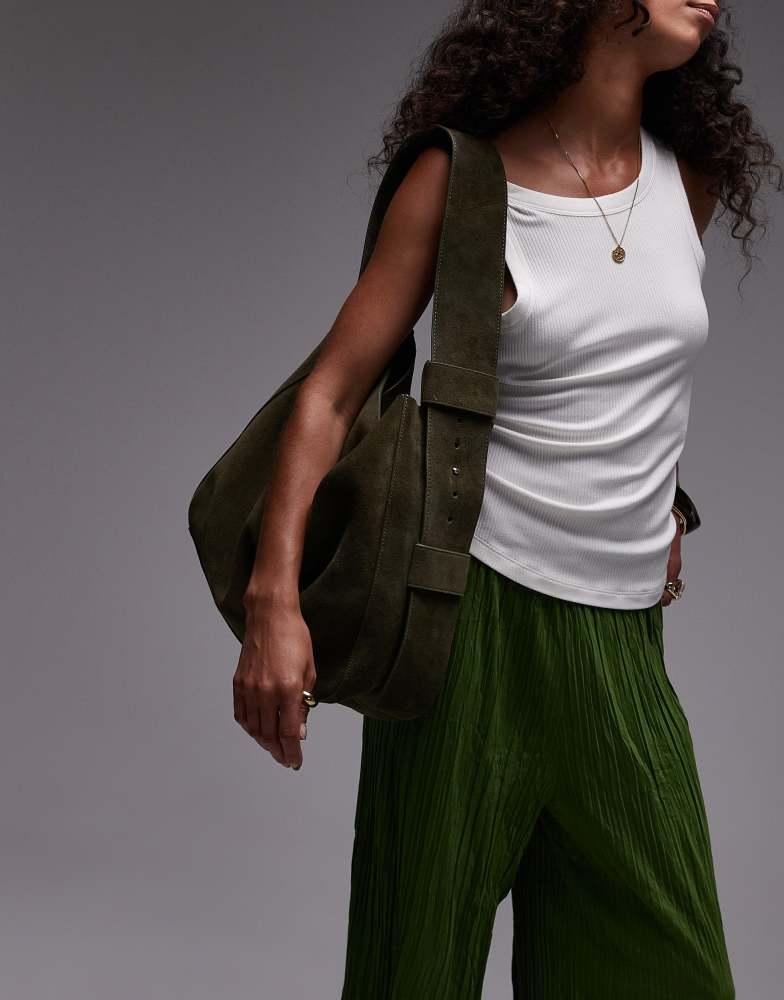 Topshop Topshop Suri real suede leather shoulder bag in khaki