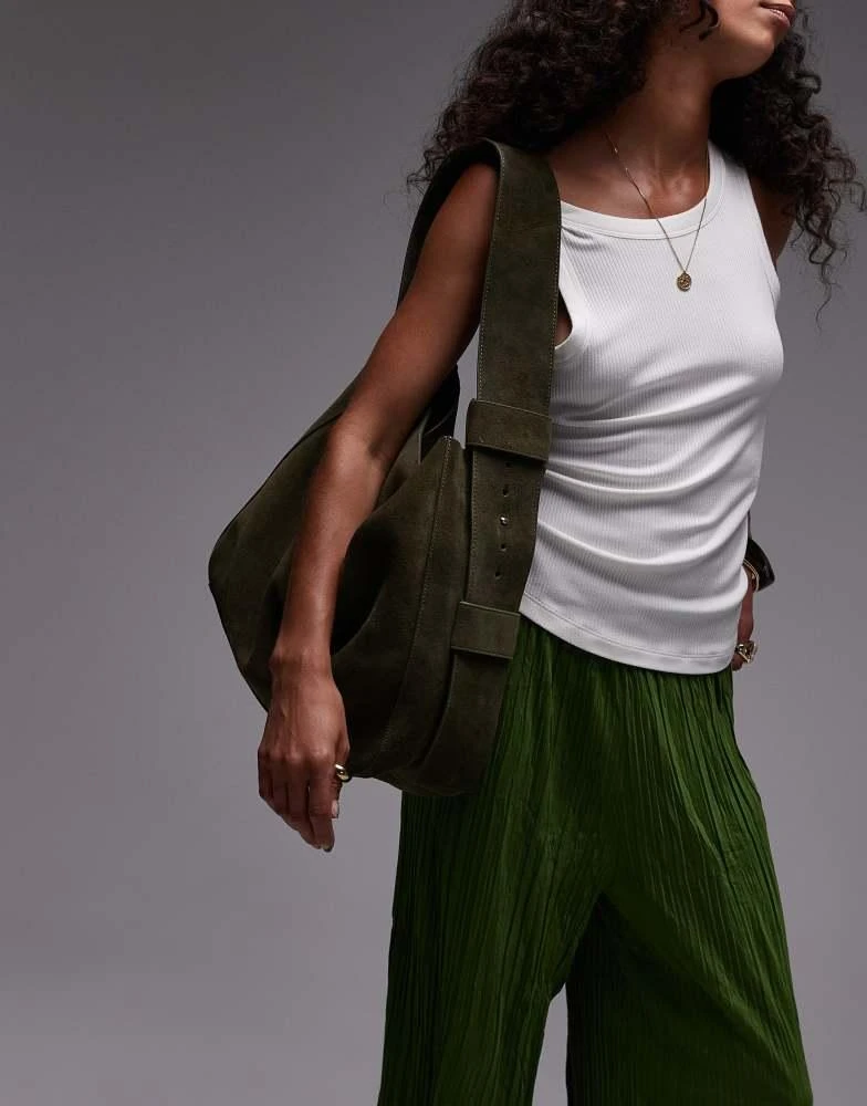 Topshop Topshop Suri real suede leather shoulder bag in khaki 2