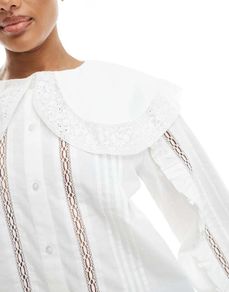 ASOS ASOS DESIGN tall  lace and broderie insert shirt with large collar in ivory 3