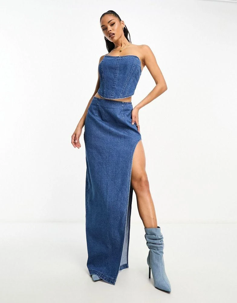 AFRM nadia co-ord denim maxi skirt in midwash blue with high rise slit  On  Sale Now with Up to 65% Off | Discover Exclusive Deals & Savings at  BeyondStyle  Authentic
