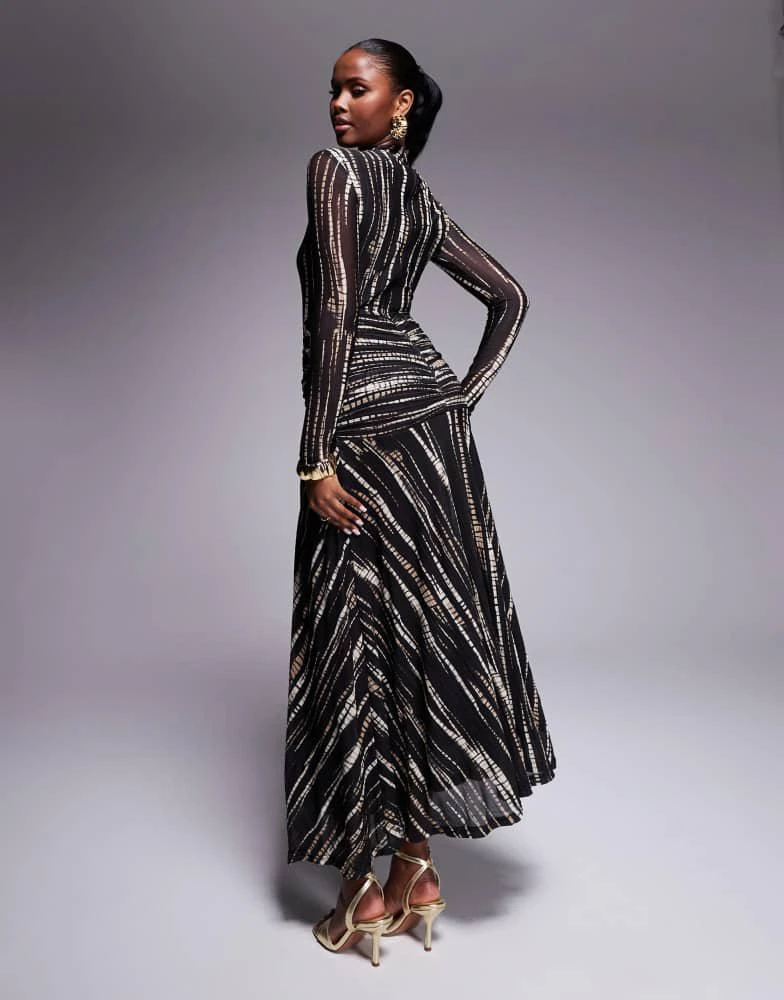 Bardot Bardot printed sheer mesh maxi dress with twist side in brown print 4