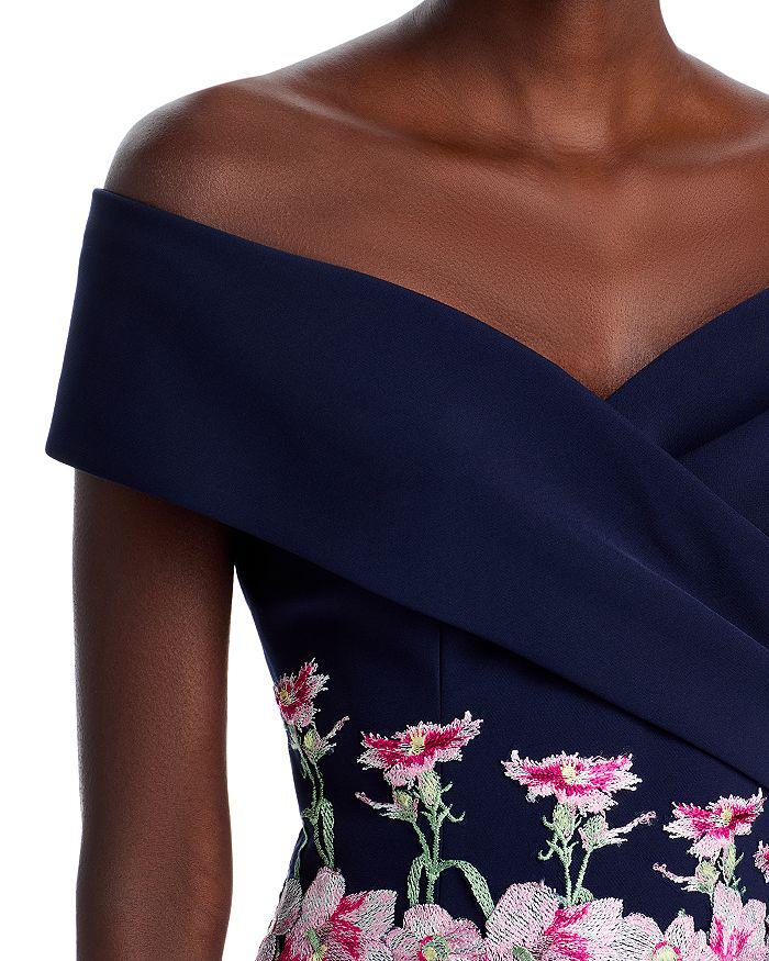 Teri Jon Crepe Off-the-Shoulder Embroidered Tulle Dress