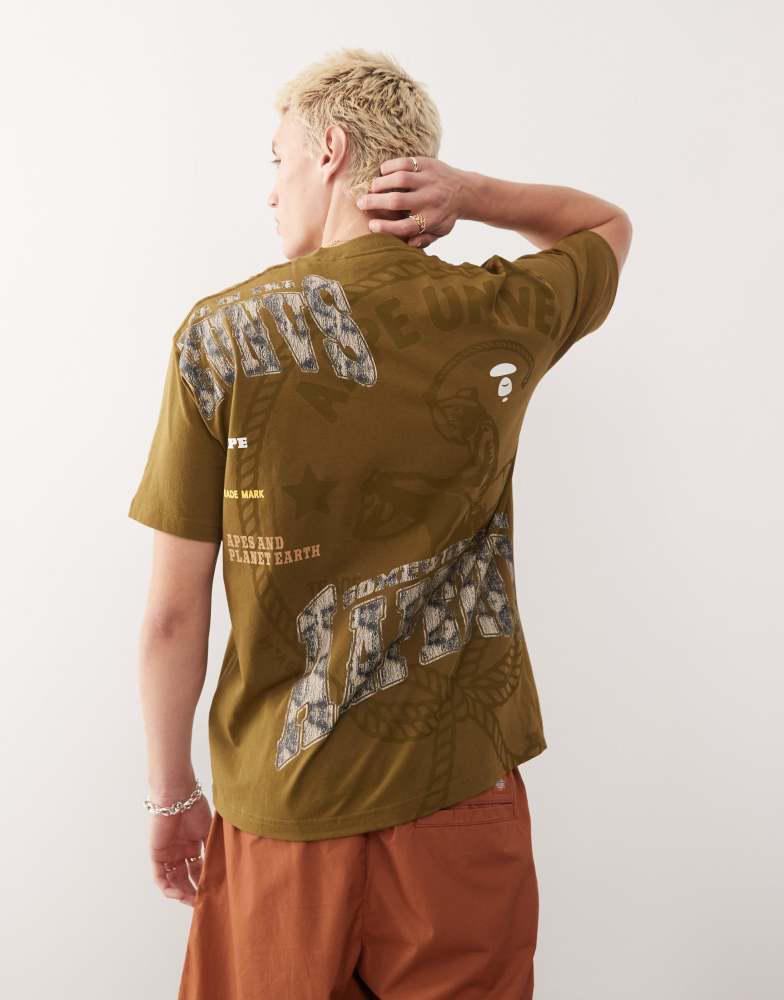 AAPE Aape by A Bathing Ape boxy fit t-shirt in khaki green with multi placement western print