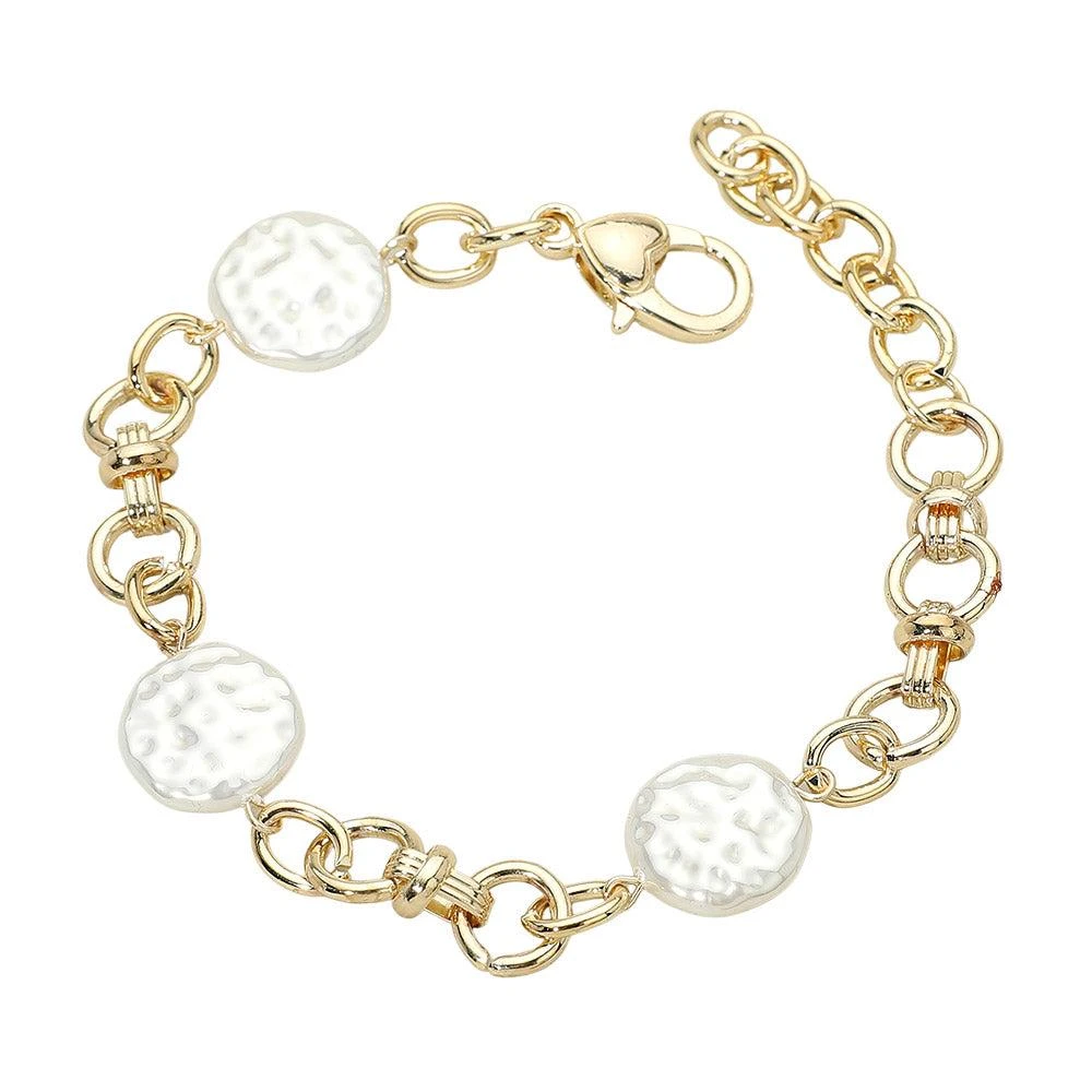 FASHNZFAB 14K Gold Plated Textured Pearl Disc Station Chunky Chain Link Bracelet 2