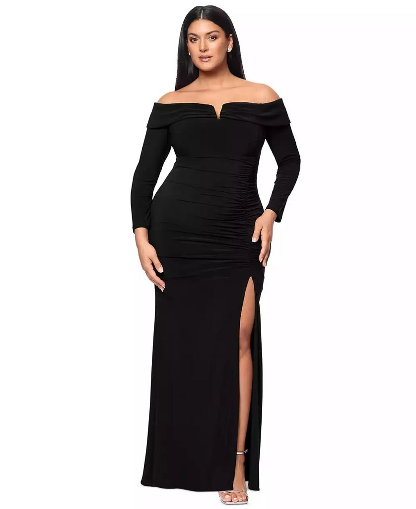 XSCAPE Plus Size Off-The-Shoulder Ruched Evening Gown 1