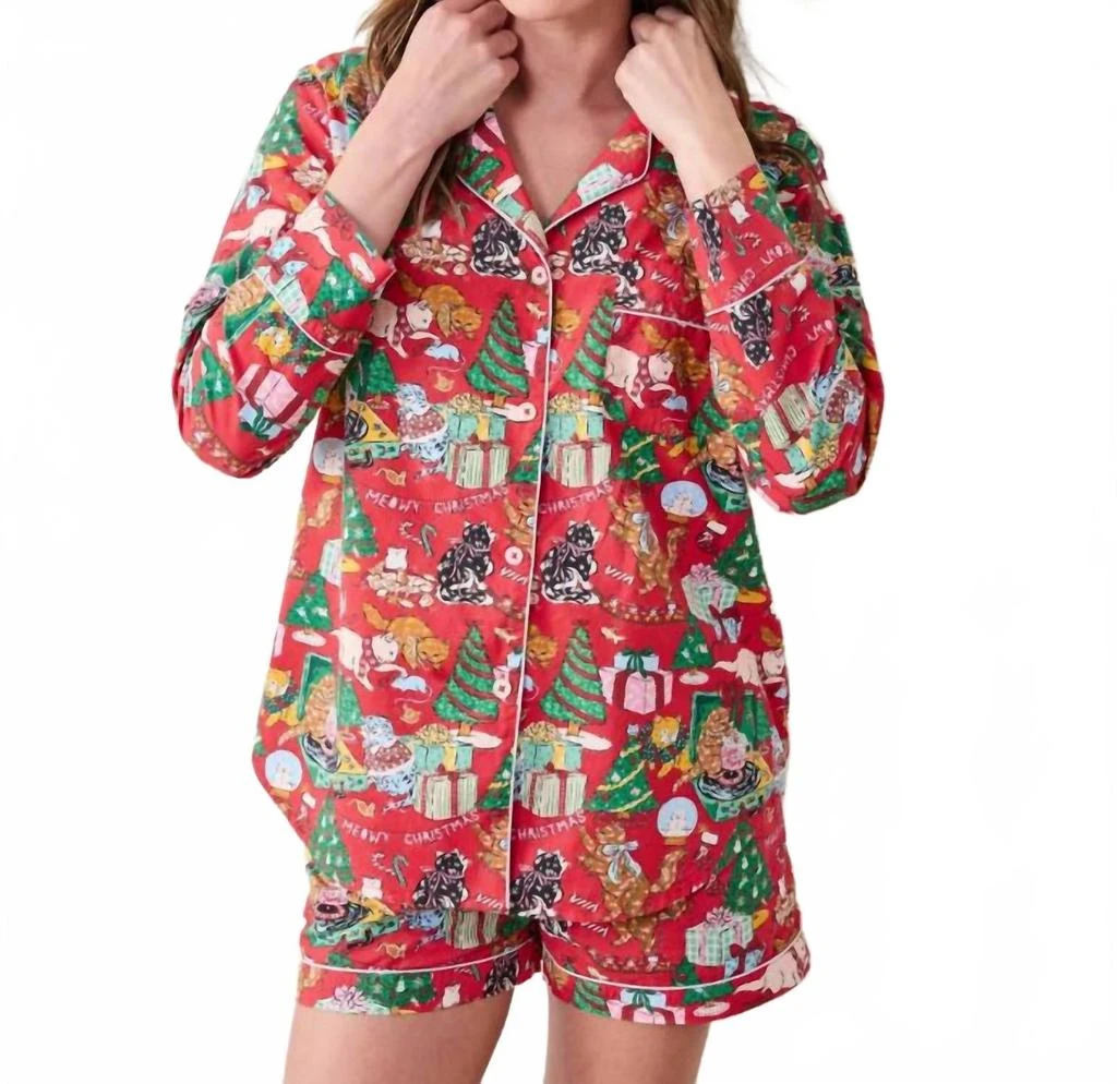 Printfresh Meowy Christmas Long Sleeve Top 
Shorts Set In Red Bow