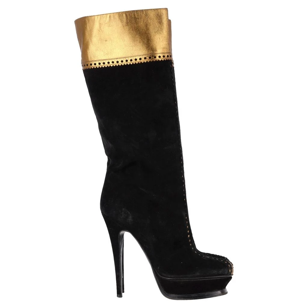 Yves Saint Laurent Laser Cut Detail Knee-High Platform Boots in Black and Gold Suede 1
