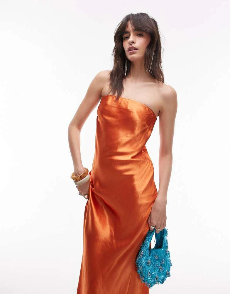 Shop Topshop satin bandeau slip maxi dress in rust on Sale at