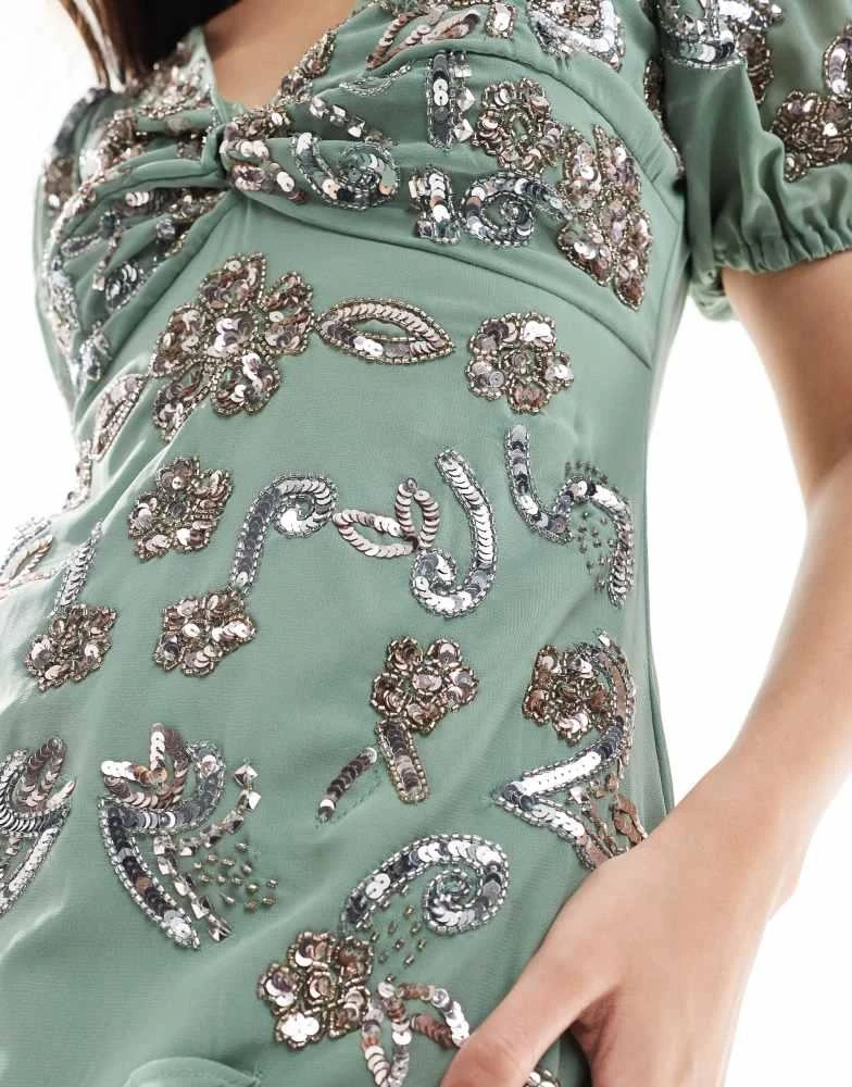 Maya Maya Embellished twist bodice asymmetric hem midi dress in dark sage 4