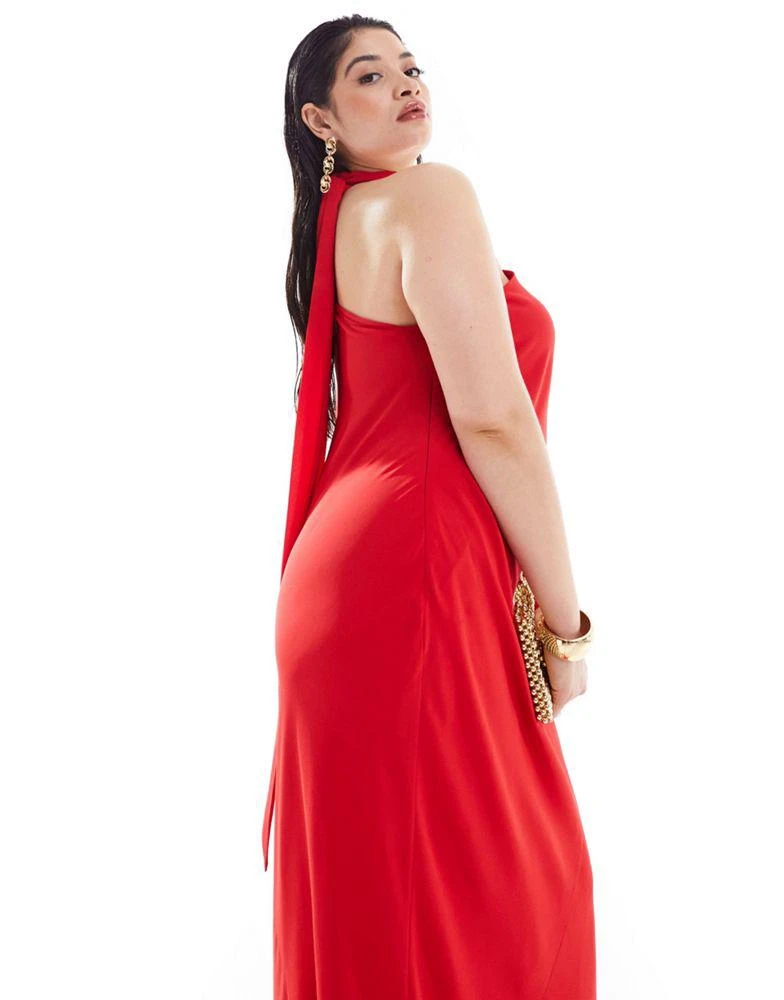 ASOS ASOS DESIGN Curve exclusive one sleeve tie neck maxi dress with batwing detail in red 3