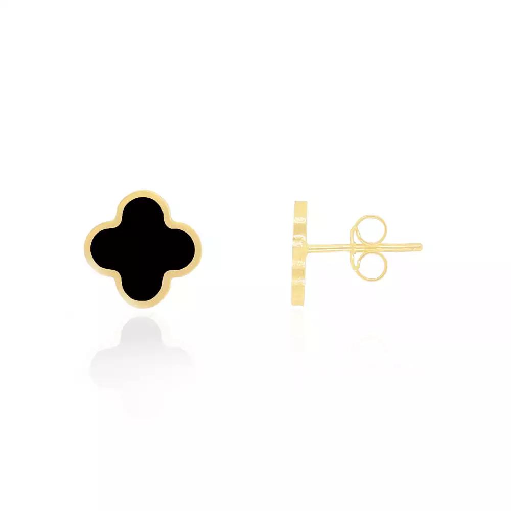 The Lovery Small Onyx Clover Stud Earrings 14K Yellow Gold