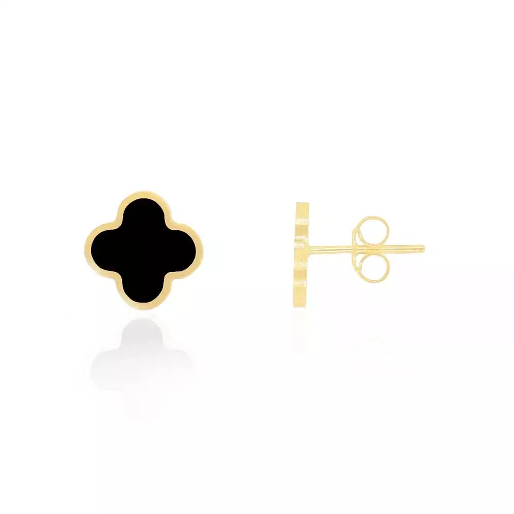 The Lovery Small Onyx Clover Stud Earrings 14K Yellow Gold 1