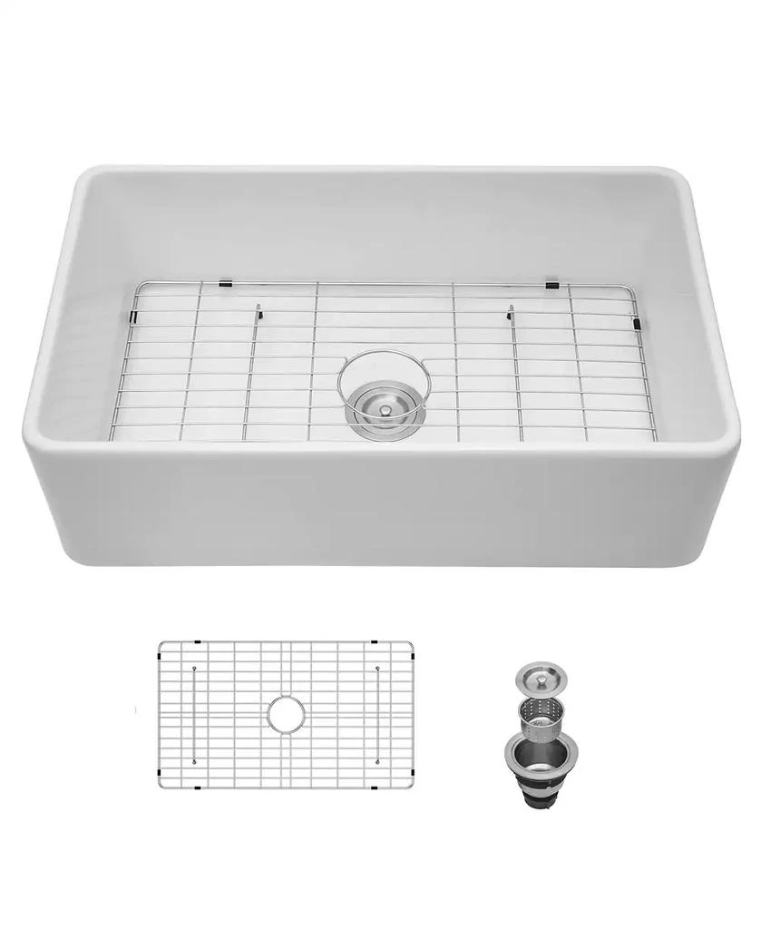 Flynama 33x20x9 Inch Farmhouse Kitchen Sink Premium Porcelain Ceramic Apron Front Single Bowl With Stainless Steel Drain Assembly And Dish Grid 5