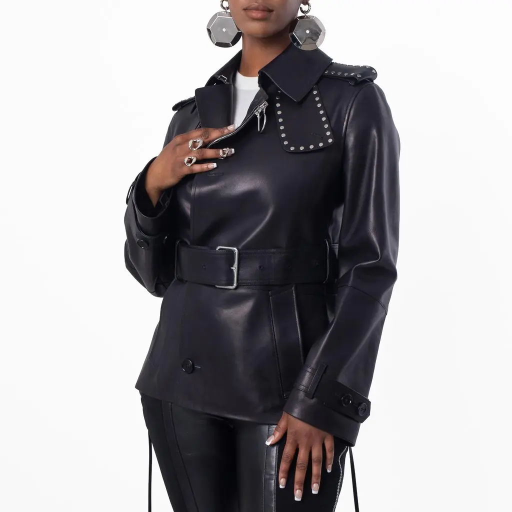 Burberry Belted Leather Trench Jacket, Brand Size 6 ( US Size 4 )
