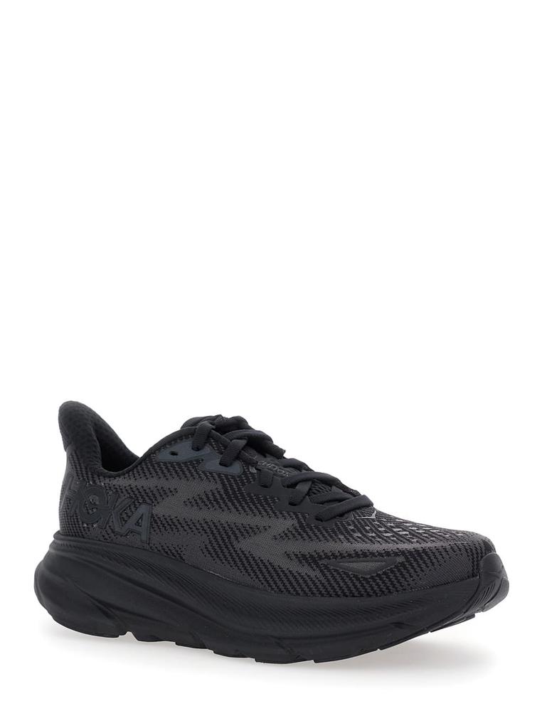 Hoka One One clifton 9 Black Sneakers With Zig Zag Embroidery And Side Logo Print In Rubber Unisex