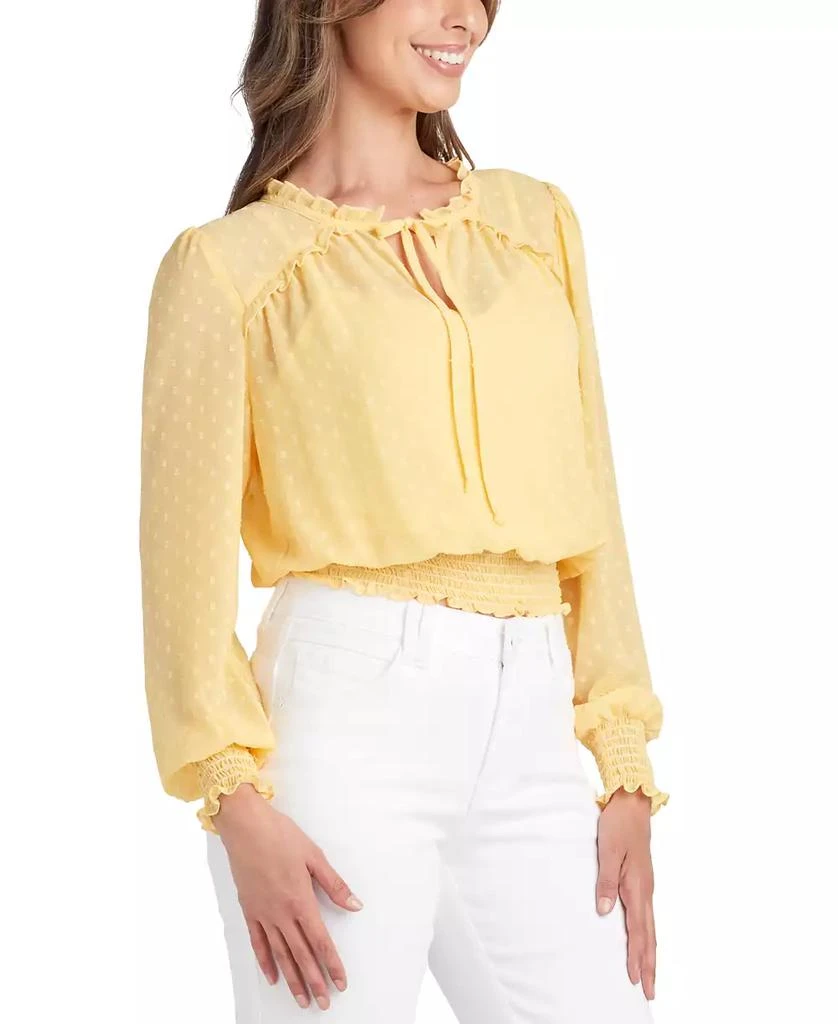 BCX Juniors' Clip-Dot Ruffle-Neck Smocked Blouse 4