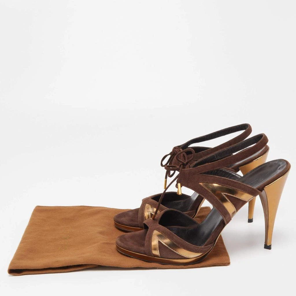 Gucci Gucci Brown/Gold Suede and Leather Ankle Tie Sandals Size 37.5 9
