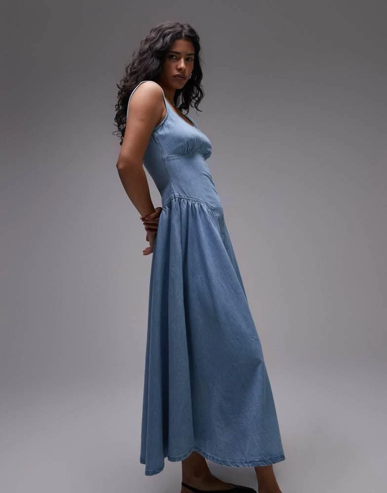 Topshop Topshop denim drop waist seamed midi dress in bleach 4