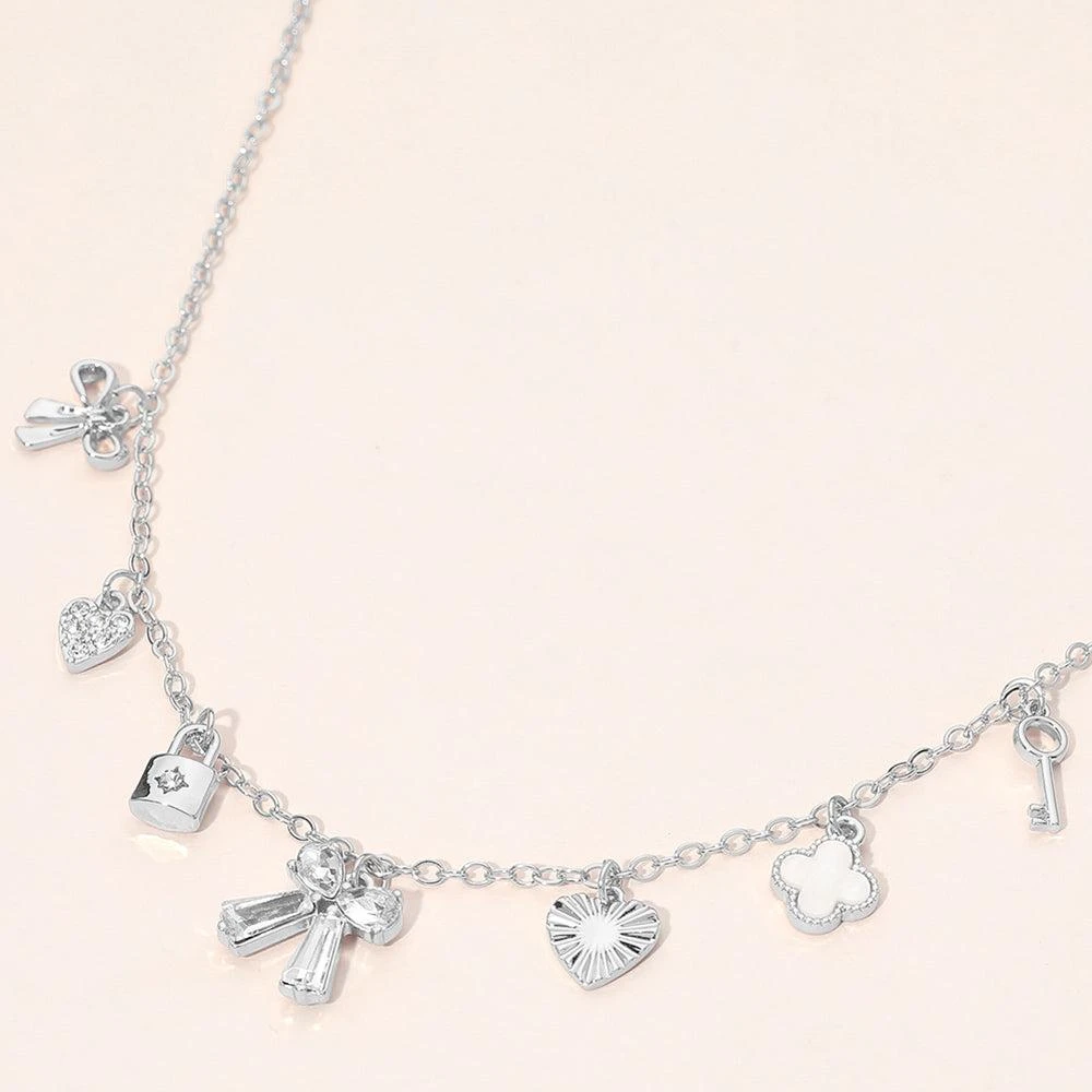 FASHNZFAB Silver Dipped Bow Quatrefoil Lock Heart Charm Station Necklace
