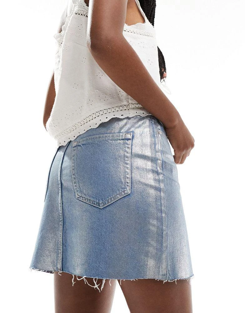 River Island River Island denim mini skirt with crossover waist in metallic blue 5