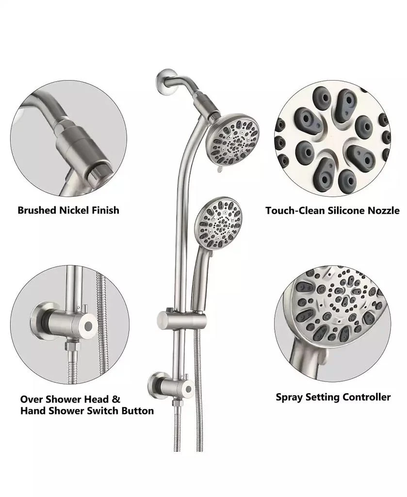 RAINSKEN Drill-Free Stainless Steel Slide Bar Combo Rain Showerhead 7-Setting Hand, Dual Shower Head Spa System (Rough-in Valve Included) 5