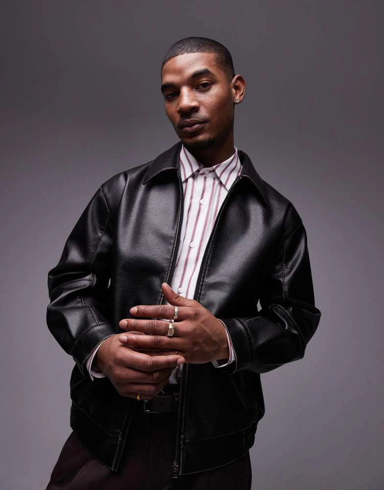 Topman Topman faux leather harrington jacket in black 3