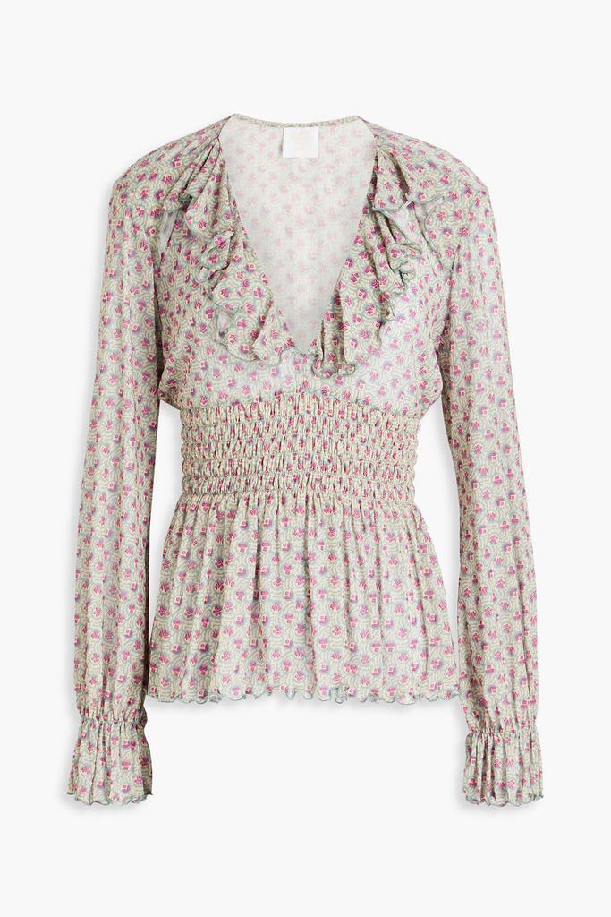Anna Sui Ruffled printed stretch-mesh top