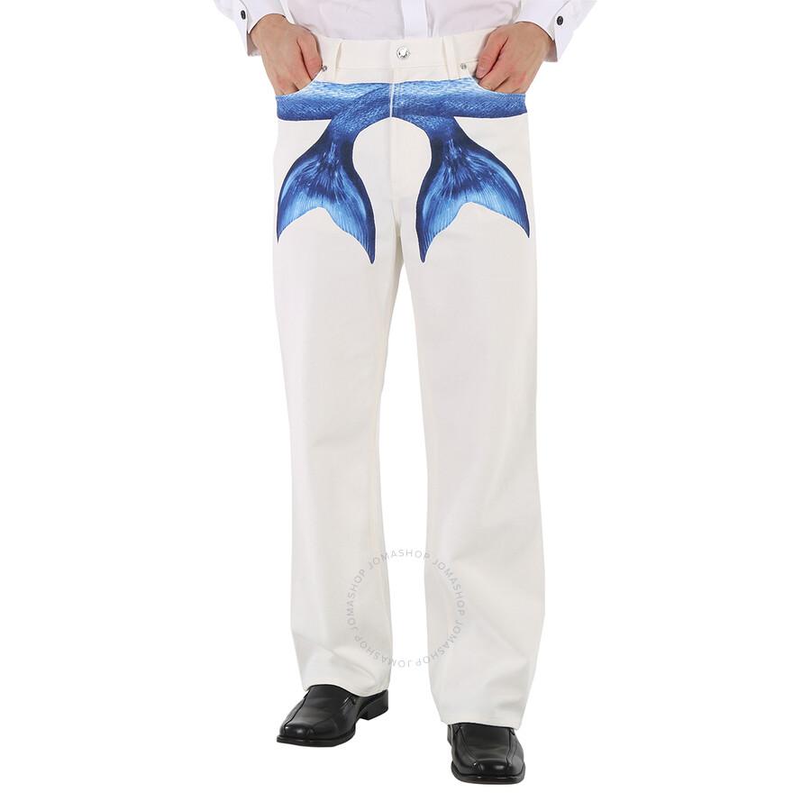 Burberry Men's White Mermaid Tail Printed Cotton-Denim Jeans