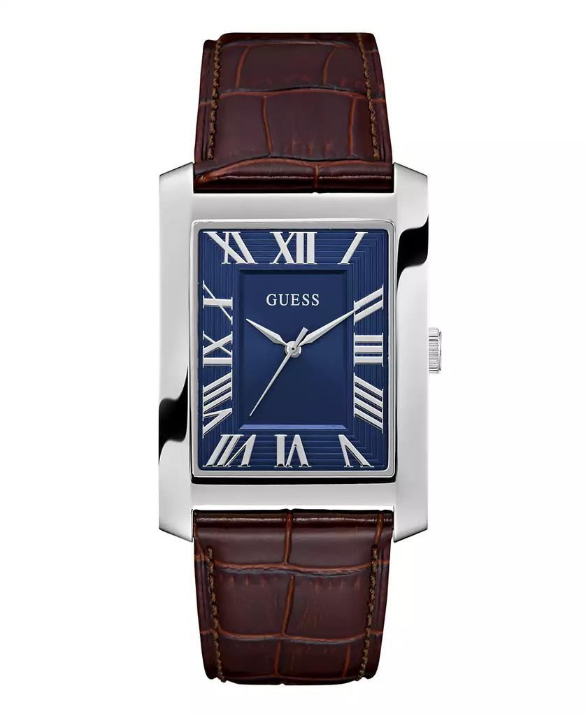 GUESS Men's Silver-Tone Brown Leather Analog Watch, 34mm