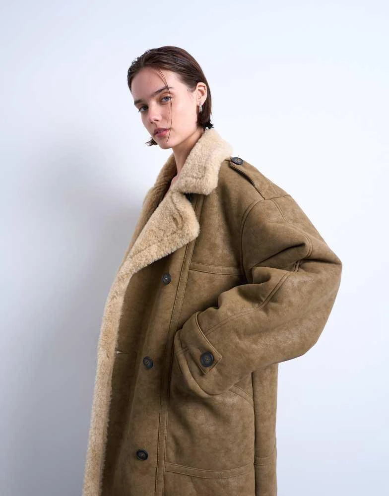 Topshop Topshop formal longline shearling coat in khaki 2