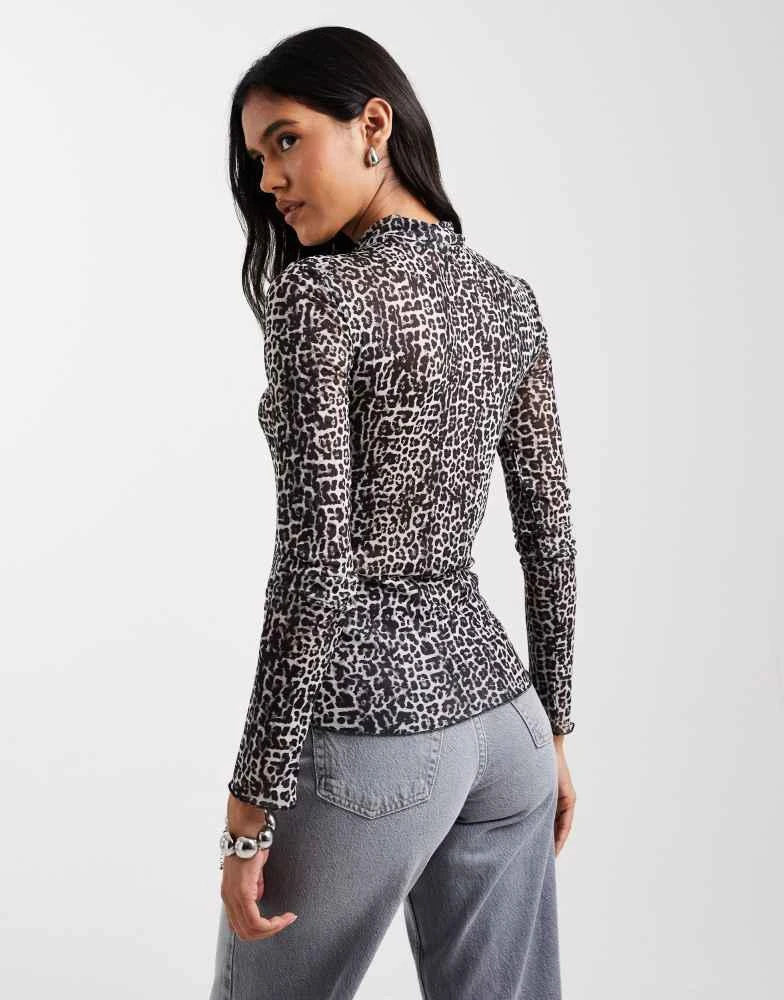 Pieces Pieces high neck mesh top in tonal animal print 3